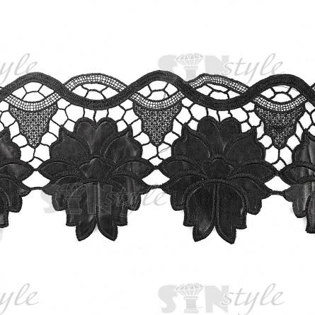 Кружево кожаное, тонкая изящная гирлянда с крупными объемными цветами, ширина 150 мм, намотка 10 ярдов, цвет черный фото 2