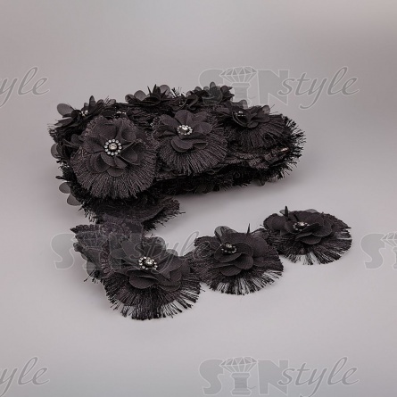 Кружево Цветочное, красивая цветочная гирлянда на капроновой основе с нежным розовым бутоном в центре цветка и с короткой бахромой по краю изделия, намотка 10 ярдов, размер 75 мм, цвет черный фото 1