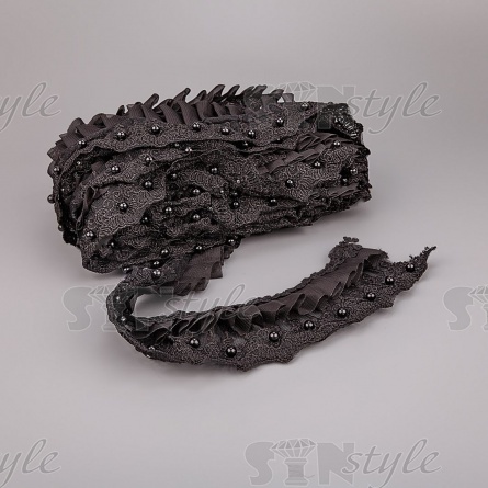 Сборка на кружеве из сетки, декорированная бусинами в цвет кружева, ширина 65 мм, цвет черный, намотка 10 ярдов фото 3