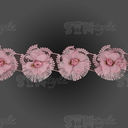Кружево Цветочное, красивая цветочная гирлянда на капроновой основе с нежным розовым бутоном в центре цветка и с короткой бахромой по краю изделия, намотка 10 ярдов, размер 75 мм, цвет розовый фото 2