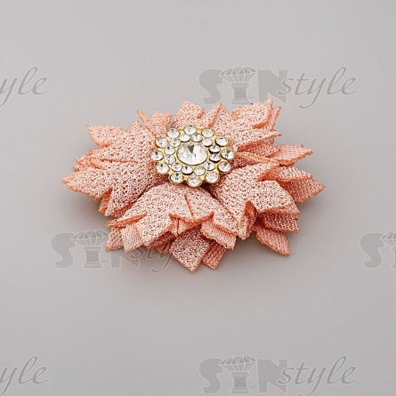 Цветочки декоративные тканевые со стразами, цвет персиковый, диаметр 40 мм,  фото 2