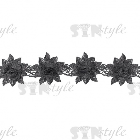 Кружево "Цветочное", на тонкой ажурной основе россыпь объемных цветов с резными краями, ширина 95 мм, цвет черный, намотка 15 ярдов фото 1