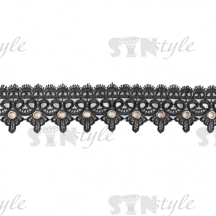 Кружево ажурное с тонким восточным оррнаментом, украшено золотыми люверсами, ширина 55 мм, намотка 15 ярдов, цвет черный фото 2