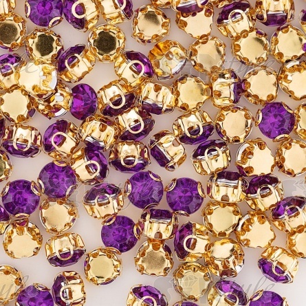 Стразы пришивные акриловые в цапах, форма круг, цвет золото+фиолетовый, диаметр 7 мм, 720 шт/уп. фото 3