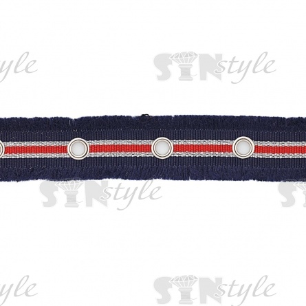 Декоративная тесьма с люверсами, цвет синий с красным, ширина 25 мм, намотка 15 ярдов фото 2