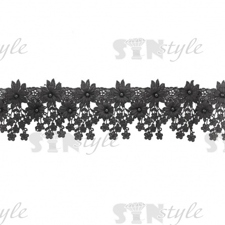 Кружево ажурное с отделкой бусинами и цветами, ширина 90 мм, цвет черный, намотка 10 ярдов фото 1