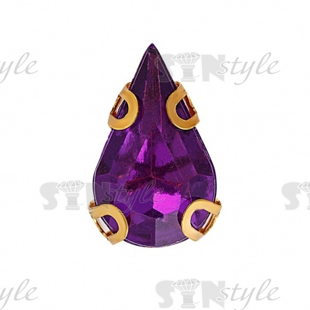Стразы пришивные акриловые в цапах, форма капля, цвет золото+фиолетовый, размер 6х10мм, 200 шт/уп. фото 1