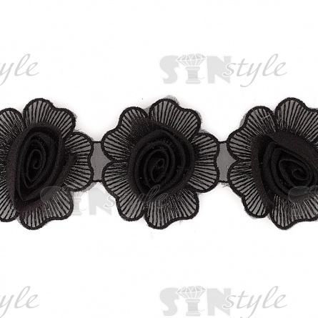 Цветочки из капроновой ленты, цвет черный, ширина 75 мм, намотка 15 ярдов фото 1