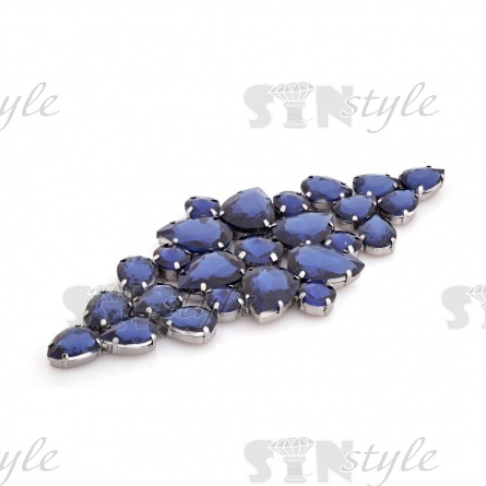Декоративное украшение со стразами пришивное, цвет темный никель+синие стразы, размер 175х70 мм фото 2