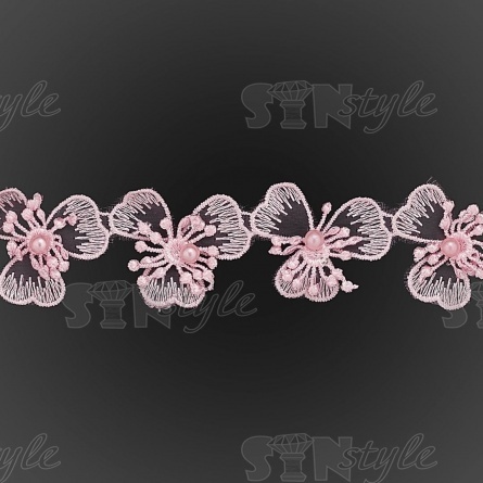 Цветочки из капроновой ленты, нежная цветочная гирлянда с бусиной в центре цветка, ширина 43 мм, намотка 15 ярдов, цвет розовый  фото 2