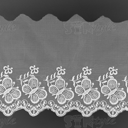 Кружево на сетке белого цвета с белой вышивкой, ширина 185 мм, намотка 15 ярдов фото 1