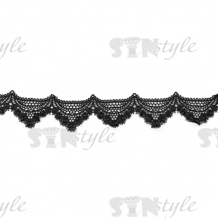 Кружево ажурное с отделкой, на нежнейшем тонком переплетении гирлянда мелких цветочков по краю изделия с бусиной в центре цветка, ширина 70 мм, намотка 15 ярдов, цвет черный фото 1