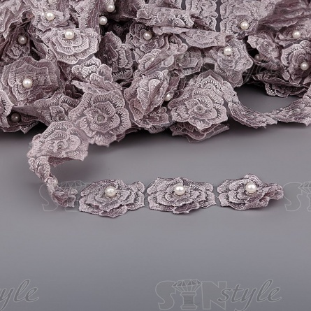 Кружево "Цветочки" украшено бусиной ,на капроновой ленте, ширина 55 мм, цвет серый (32), намотка 20 ярдов фото 1