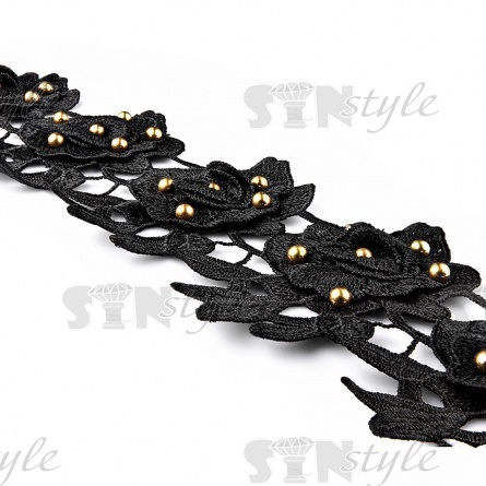 Кружево ажурное с отделкой,  нежные бутоны роз, усыпанные бусинами, словно капельками росы, ширина 100 мм, намотка 15 ярдов, цвет черный фото 3