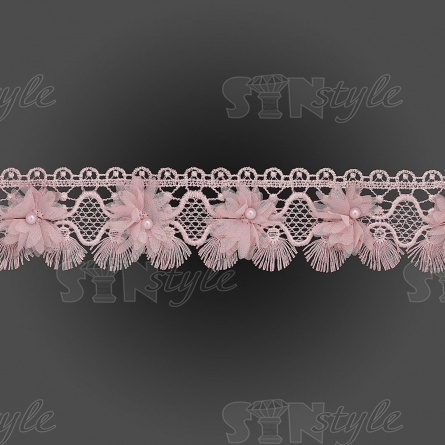 Кружево ажурное с цветочной отделкой и бусинами, ширина 60 мм, цвет грязно-розовый, намотка 10 ярдов  фото 1