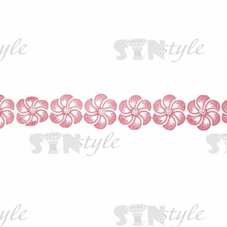 Кружево "Цветочки" на капроновой ленте, ширина 35 мм, цвет грязно-розовый+белые бусины, намотка 20 ярдов фото 2