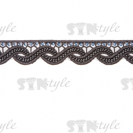 Кружево на сетке с отделкой пайетками и микробисером, нежное ажурное плетение, расшитое пайетками и микробисером по всей длине, ширина 30 мм, цвет черный, намотка 10 ярдов (C8) фото 1