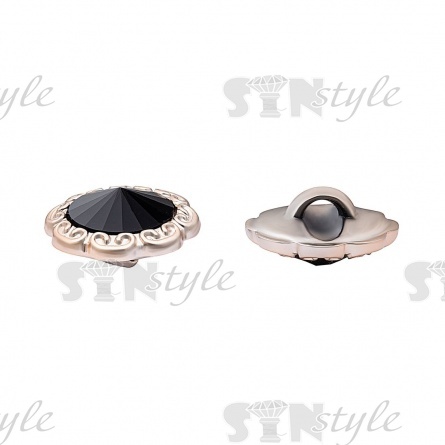 Пуговица пластиковая на ножке, круглая с ажурным бортиком, основа золотая, вставка в виде черной стразы, 28L фото 2