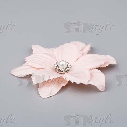 Цветочки декоративные со стразами и бусиной, цвет персиковый, диаметр 55 мм фото 2