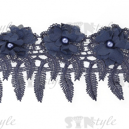 Кружево ажурное с отделкой, нежнейшее тонкое переплетение гирлянды с цветочными мотивами с бусиной в центре цветка, ширина 85 мм, намотка 10 ярдов, цвет темно-синий  фото 2