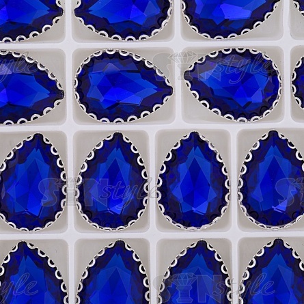 Стразы пришивные, стеклянные в оправе, форма капля, цвет серебро+синий, размер 13х18 мм фото 3