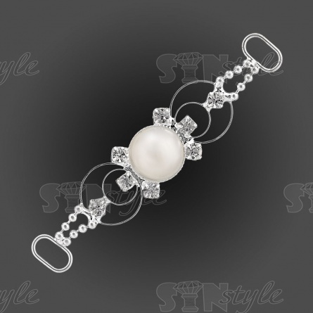 Декоративное украшение пришивное металлическое, цвет никель+белые бусины/белые стразы, размер 73*15 мм фото 1