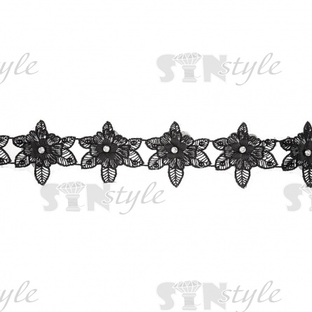 Кружево "Цветочное", ширина 60 мм, цвет черный, декорировано черными бусинами и белыми стразами, намотка 10 ярдов  фото 3