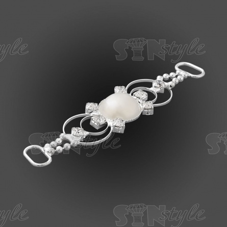 Декоративное украшение пришивное металлическое, цвет никель+белые бусины/белые стразы, размер 73*15 мм фото 2