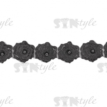 Кружево "Цветочки" украшено бусиной, на капроновой ленте, ширина 55 мм, цвет  черный (6), намотка 20 ярдов фото 2