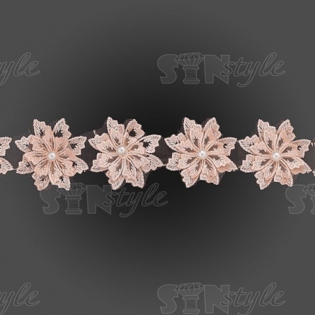 Кружево "Цветочки" украшено бусиной, на капроновой ленте, ширина 55 мм, цвет персиковый, намотка 20 ярдов фото 2