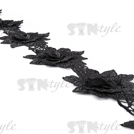 Кружево "Цветочное", на тонкой ажурной основе россыпь объемных цветов с резными краями, ширина 95 мм, цвет черный, намотка 15 ярдов фото 3