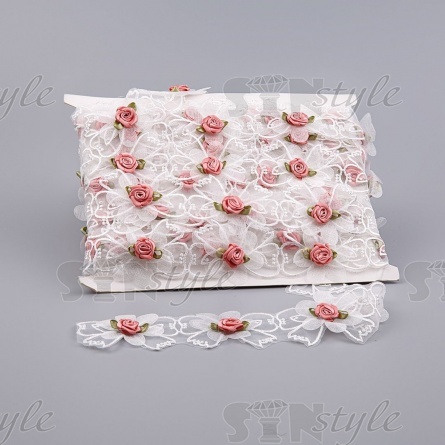 Кружево из органзы "Бантики с цветочками" , цвет белый+розовый, намотка 10 ярдов, ширина 45 мм фото 1