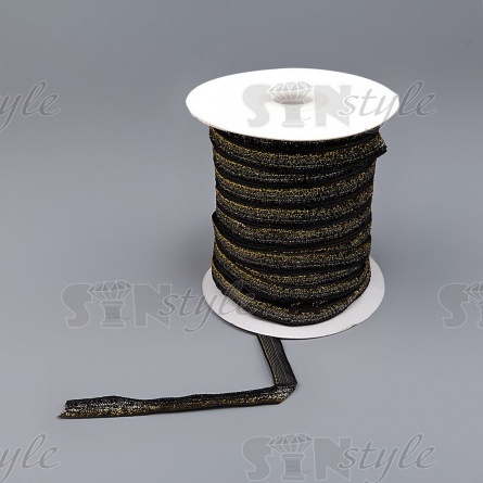 Лента бархатная с люрексом, ширина 10 мм, цвет черный+золотой, намотка 50 ярдов фото 3
