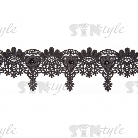 Кружево ажурное с отделкой, нежнейшее тонкое переплетение гирлянды с цветочными мотивами с бусиной в центре цветка, ширина 75 мм, намотка 15 ярдов, цвет черный фото 1