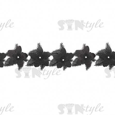 Кружево "Цветочное", нежная цветочная гирлянда из объемных цветов с белой стразой в середине цветка, ширина 80 мм, намотка 10 ярдов, цвет черный фото 2