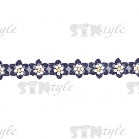 Кружево "Цветочки" украшено бусинами контрастного цвета,на капроновой ленте, ширина 30 мм, цвет темно-синий, намотка 20 ярдов фото 2