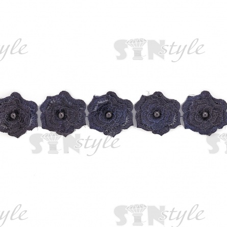 Кружево "Цветочки" украшено бусиной , на капроновой ленте, ширина 55 мм, цвет темно-синий, намотка 20 ярдов фото 2