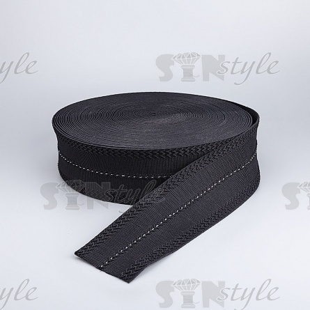 Резинка декоративная с серебряной нитью, ширина 70 мм, цвет черный, намотка 25 метров. фото 2