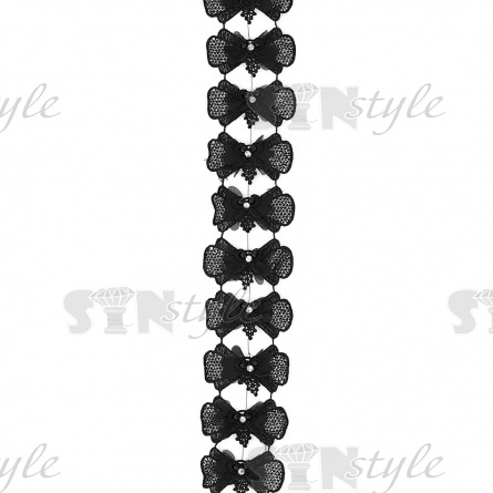 Нежное ажурное кружево из бантиков, декорированное белыми стразами и бусинами в цвет кружева, ширина 75 мм, цвет розовый, намотка 10 ярдов фото 3