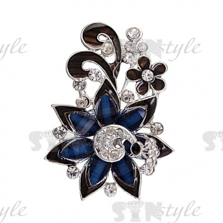 Брошь металлическая, застежка булавка, размер 38 мм х 54 мм, цвет серебряный+черная и синяя эмаль+белые стразы фото 1