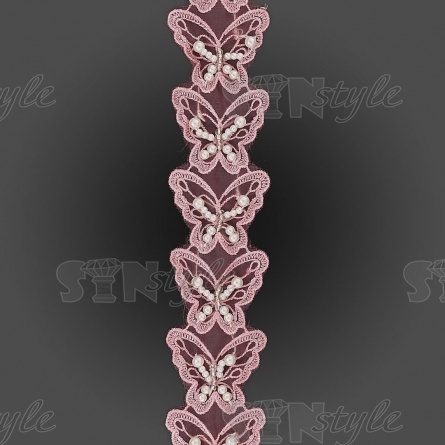 Кружево "Бабочки", гирлянда из нежных бабочек декорирована бусинами, ширина 45 мм, цвет розовый, намотка 10 ярдов фото 1