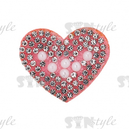 Аппликация "Сердечко" из страз, на фетровой основе, размер 33 мм х 28 мм, цвет розовый + белые стразы и бусины фото 1