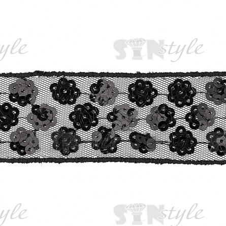 Тесьма отделочная на сетке, расшитая пайетками, ширина 40 мм, цвет черный, намотка 20 ярдов  фото 1