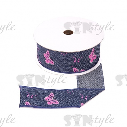 Джинсовая лента с бабочками красного цвета, ширина 40 мм, намотка 20 ярдов фото 1