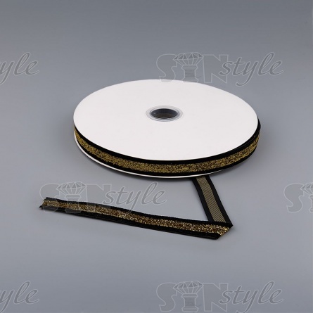 Лента бархатная с люрексом, ширина 15 мм, цвет черный+золотой, намотка 25 ярдов фото 3