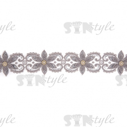 Кружево 3D на сетке с цветочным орнаментом, расшитое пайетками, микробисером и стразами, ширина 100 мм, цвет серебряный, намотка 10 ярдов  фото 3