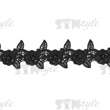 Кружево "Цветочное", на тонкой ажурной основе россыпь объемных цветов с бусиной в середине, ширина 60 мм, цвет черный, намотка 15 ярдов  фото 1