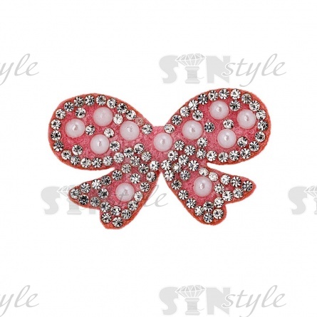 Аппликация "Бантик" из страз на фетровой основе, размер 40 мм х 25 мм, цвет розовый + белые стразы и бусины фото 1