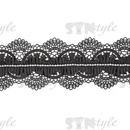 Кружево ажурное с отделкой, на нежной кружевной основе тонкий капроновый рюш с ниткой блестящих белых стразин, ширина 65 мм, намотка 15 ярдов, цвет черный  фото 1