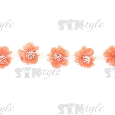 Кружево "Цветочки" на капроновой ленте, нежная цветочная гирлянда с объемными цветами, ширина 60 мм, цвет персиковый (167), намотка 10 ярдов фото 2